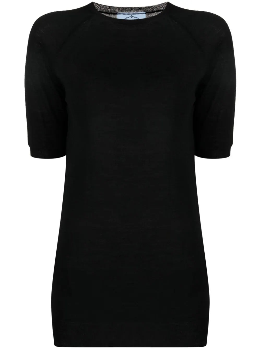 Prada short-sleeved wool knit T-shirt, stylish tops with a textured wool fabric and classic fit, displayed on a plain background.