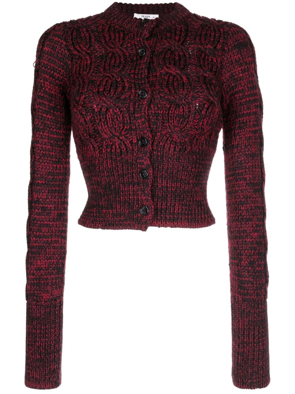 Prada chunky knit cardigan, cozy long-sleeve tops in soft textured wool with a relaxed fit, neutral color, and ribbed cuffs.