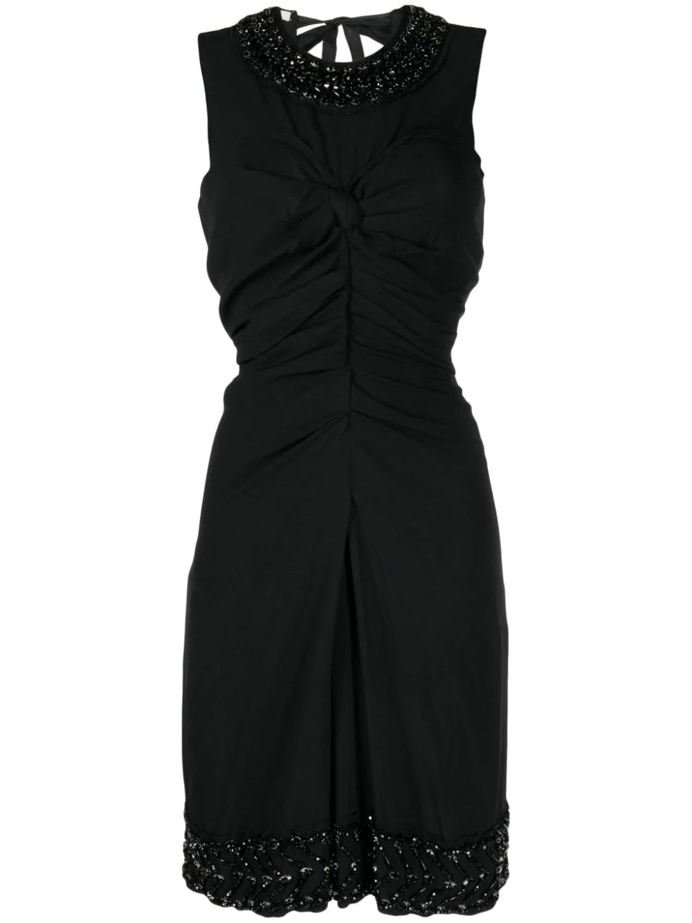 Prada ruched sleeveless dress with a fitted corset style, featuring elegant design and tailored construction.