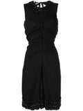 Prada ruched sleeveless dress with a fitted corset style, featuring elegant design and tailored construction.