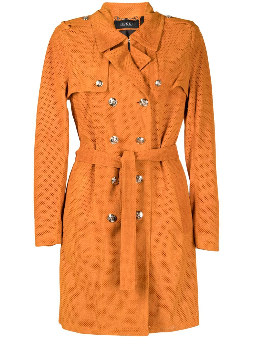 Gucci suede trench coat, stylish women's coat with classic design and soft suede fabric, shown on a hanger.