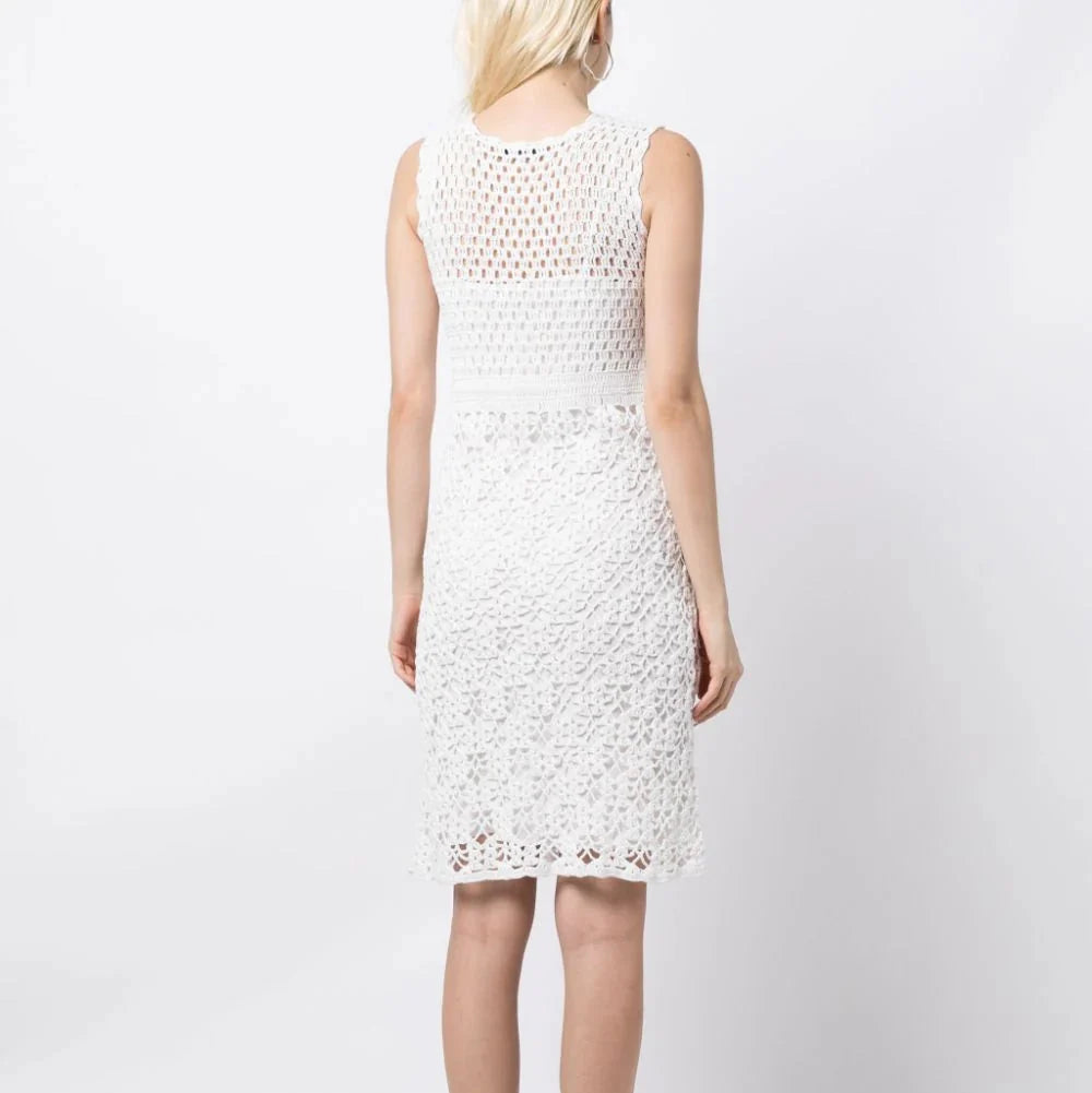 Prada sleeveless crochet dress with intricate knit pattern, stylish and lightweight for summer wear.