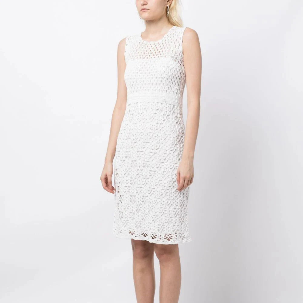 Prada sleeveless crochet dress with intricate knit pattern, stylish and lightweight summer dress, front view, high-quality fabric.