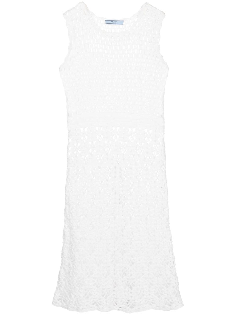 Prada sleeveless crochet dress featuring intricate knit pattern and fitted silhouette, perfect for elegant summer occasions.