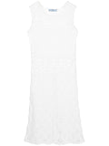 Prada sleeveless crochet dress featuring intricate knit pattern and fitted silhouette, perfect for elegant summer occasions.