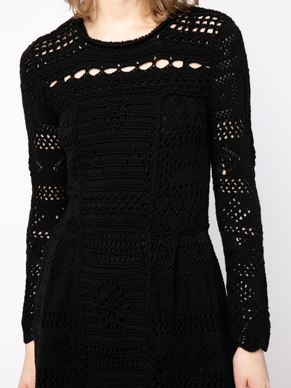 Prada long-sleeved crochet knit dress showing intricate pattern, fitted silhouette, and elegant design ideal for stylish occasions.