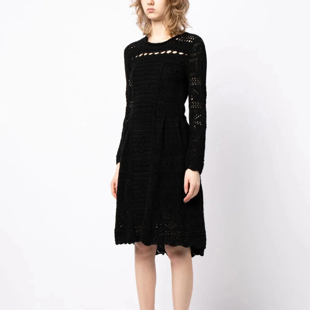 Prada long-sleeved crochet knit dress featuring intricate patterns and a fitted silhouette, perfect for stylish casual wear.