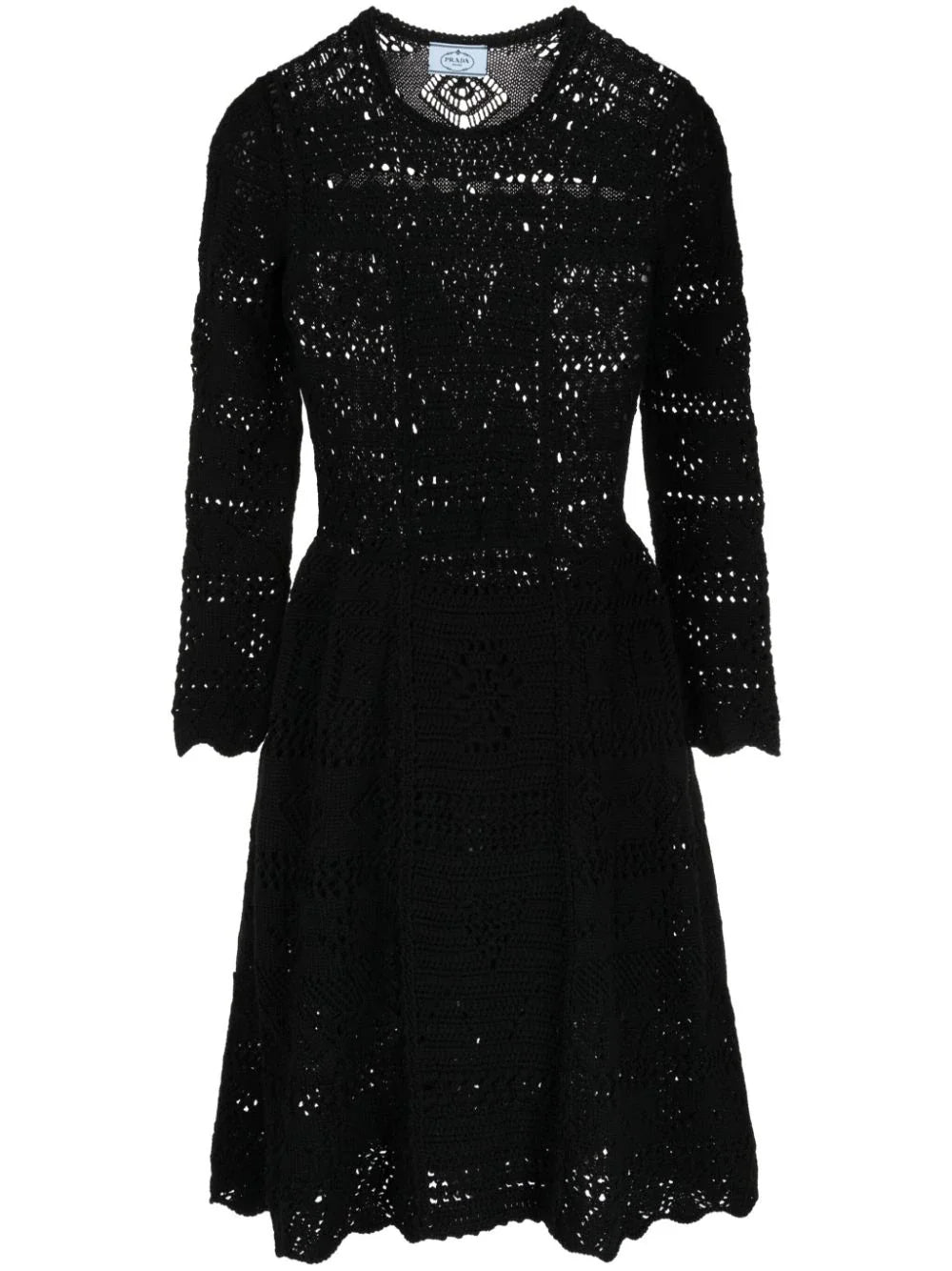 Prada long-sleeved crochet knit dress with intricate pattern, fitted silhouette, and elegant style.