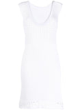 Prada white crochet knit dress with intricate patterns, sleeveless design, and a fitted silhouette, perfect for elegant casual wear.