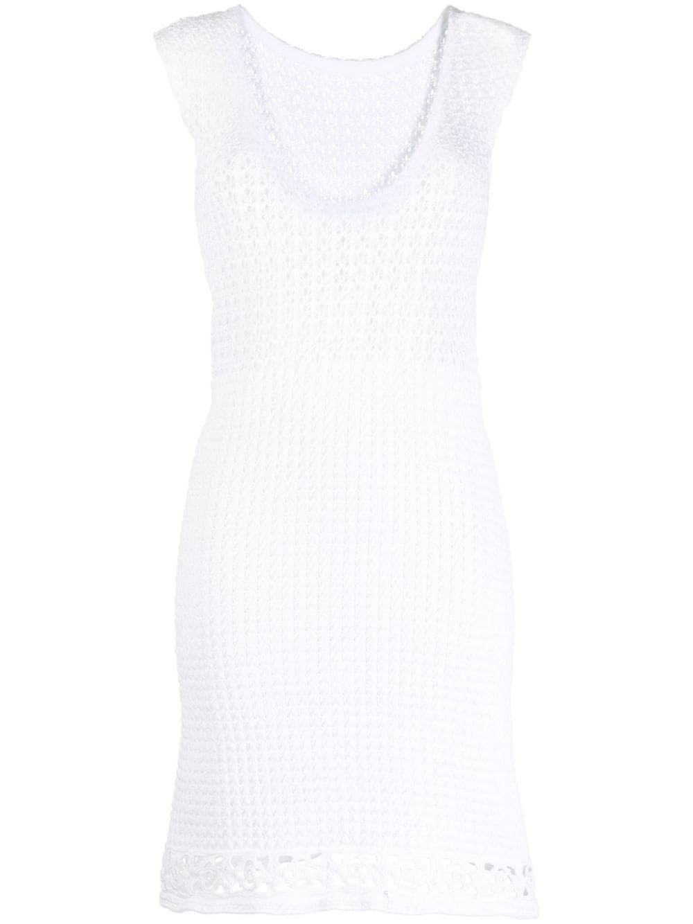 Prada white crochet knit dress with intricate patterns, sleeveless design, and a fitted silhouette, perfect for elegant casual wear.