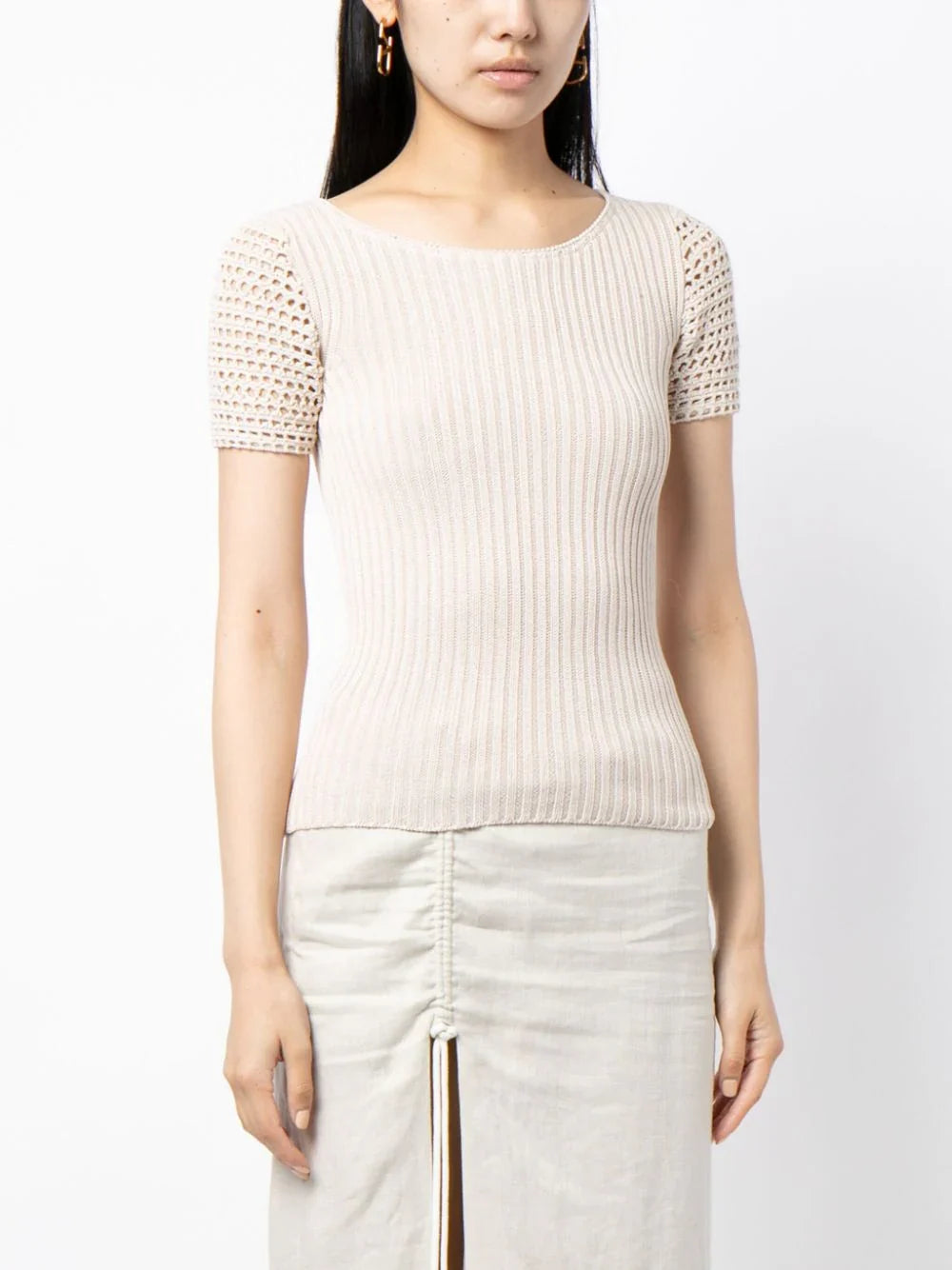 Prada crochet detailed knot top, stylish women's tops with intricate crochet design and knot front detail.
