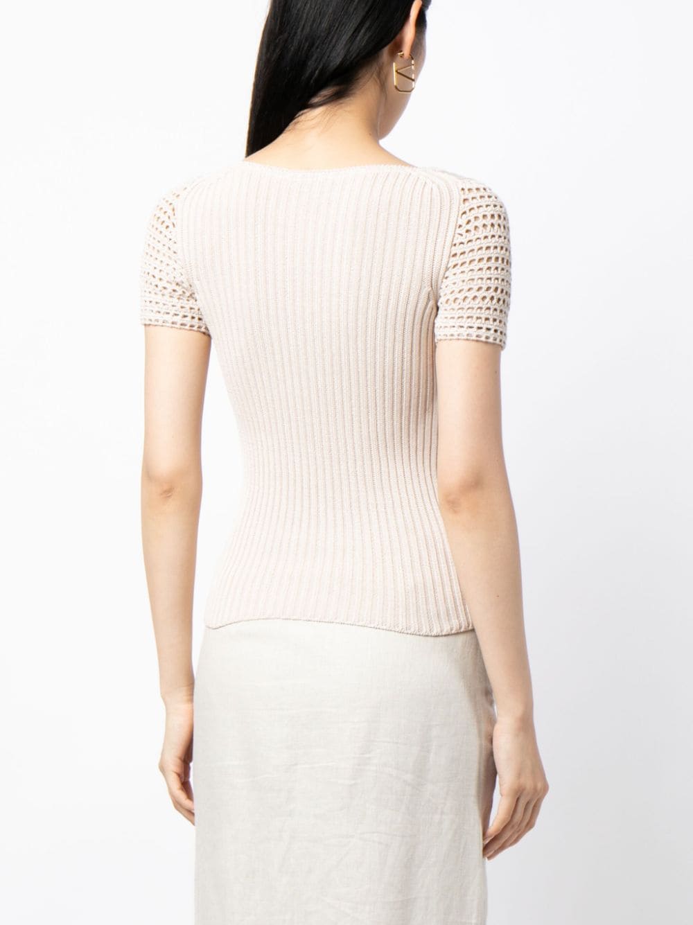 Prada crochet knot top with intricate crochet detailing and short sleeves, stylish and lightweight for casual wear.