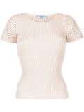 Prada crochet detailed knot top, stylish sleeveless blouse with intricate crochet patterns and knot accents, in a neutral color.