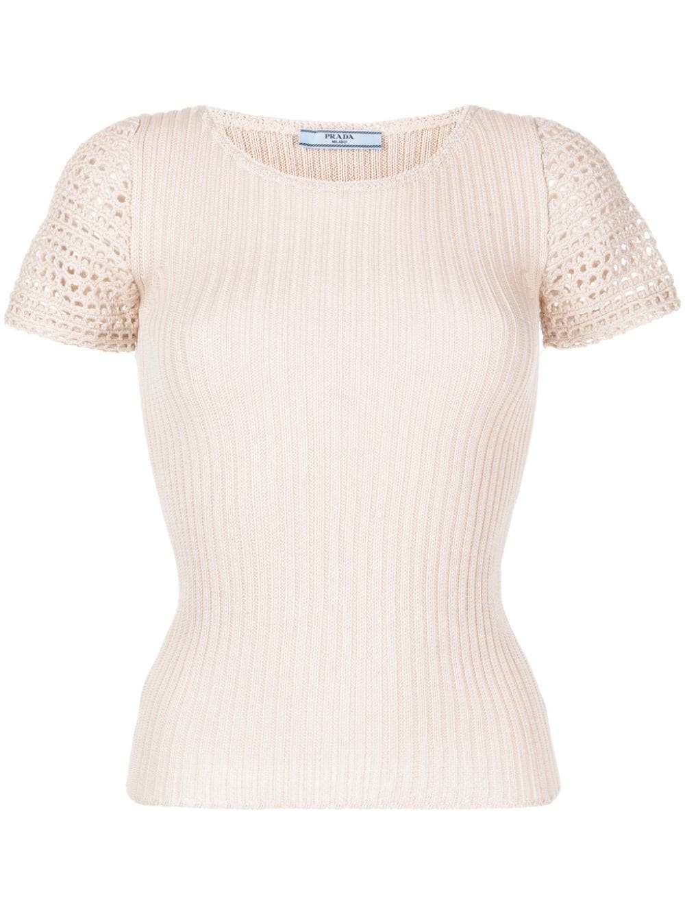 Prada crochet detailed knot top, stylish sleeveless blouse with intricate crochet patterns and knot accents, in a neutral color.