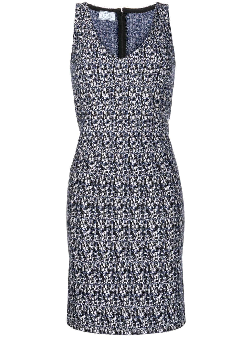 Prada abstract print compact knit dress featuring a stylish, fitted design with vibrant geometric patterns.