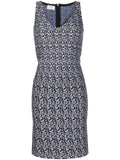 Prada abstract print compact knit dress featuring a stylish, fitted design with vibrant geometric patterns.