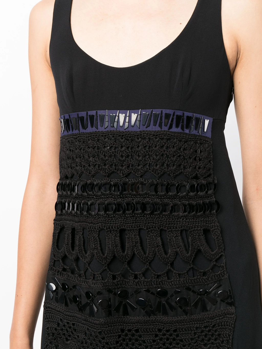 Prada 2005 panelled sleeveless dress with geometric design and sleek silhouette, displayed on a neutral background.