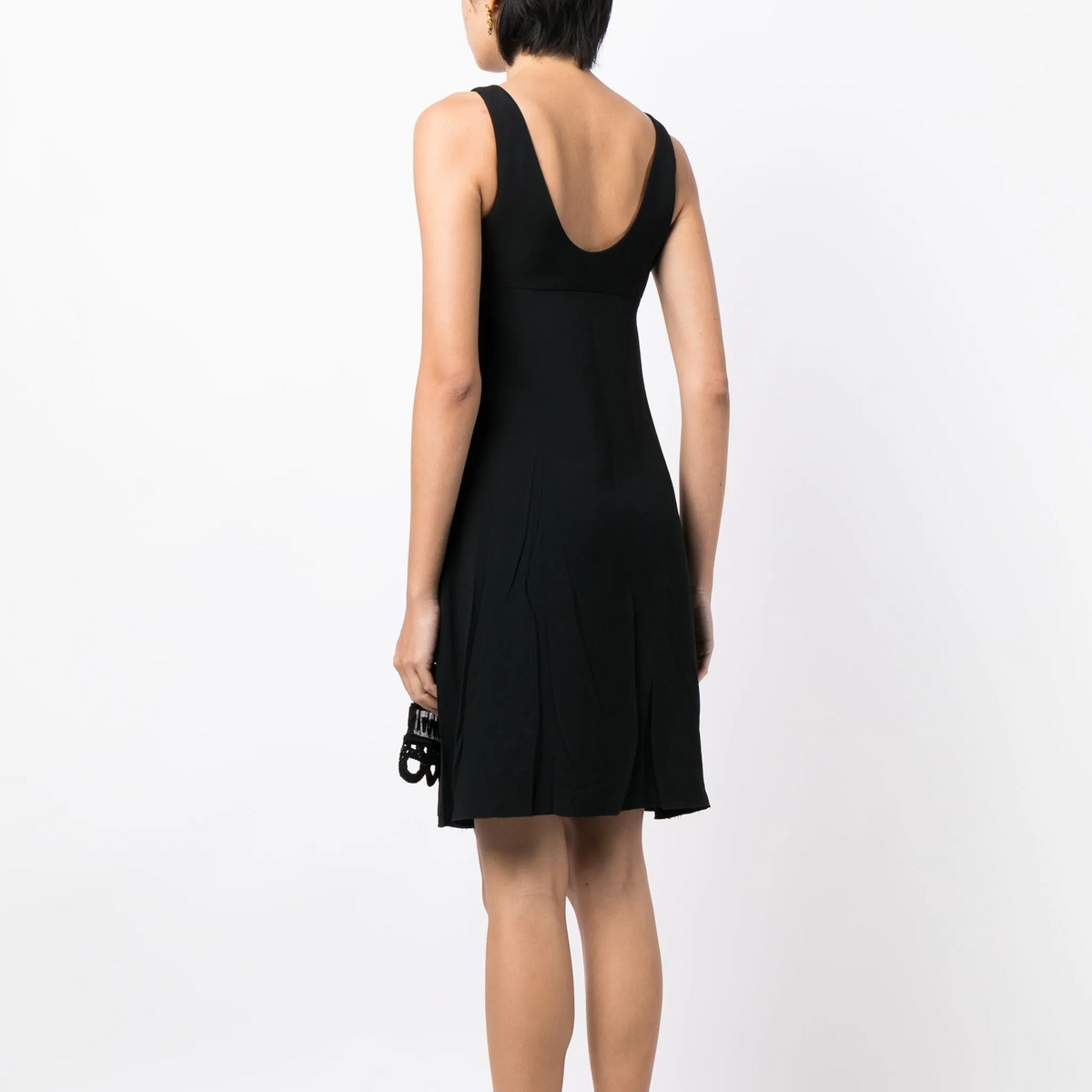 Prada 2005 panelled sleeveless dress with a fitted silhouette and sleek design, shown in a close-up image.