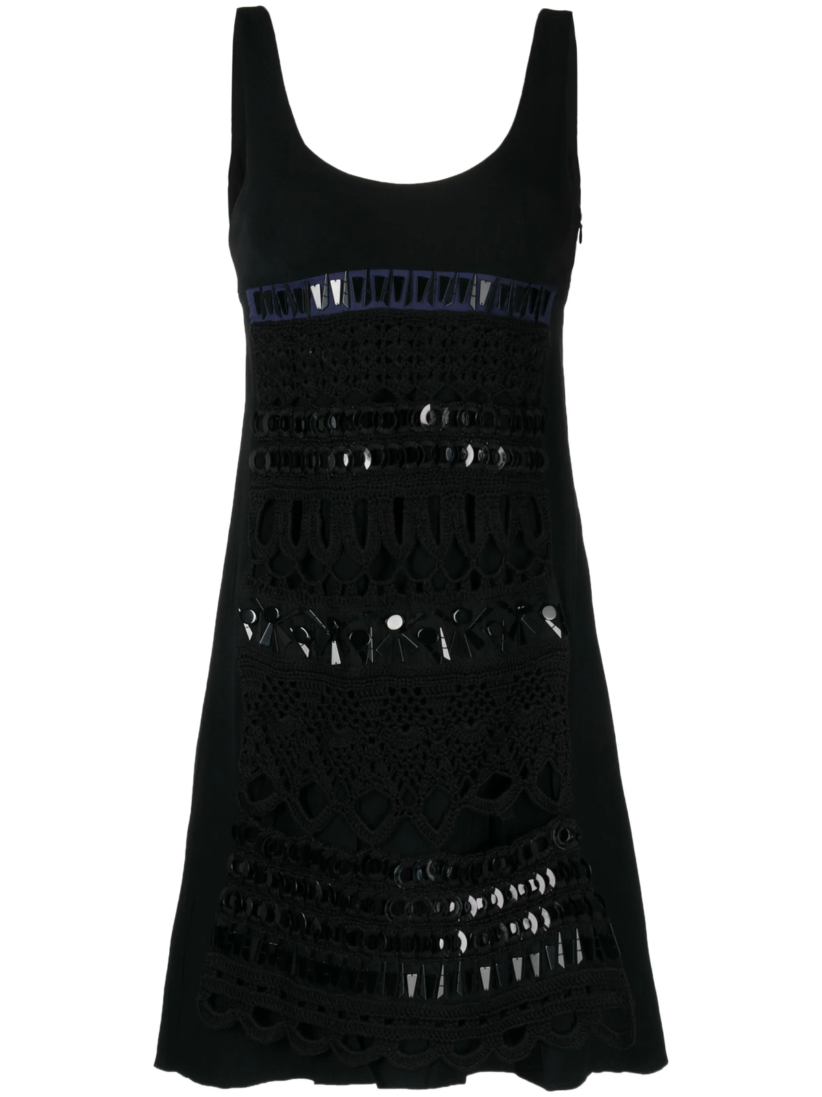 Prada 2005 panelled sleeveless dress with a fitted silhouette and sleek design, shown in a high-resolution image.