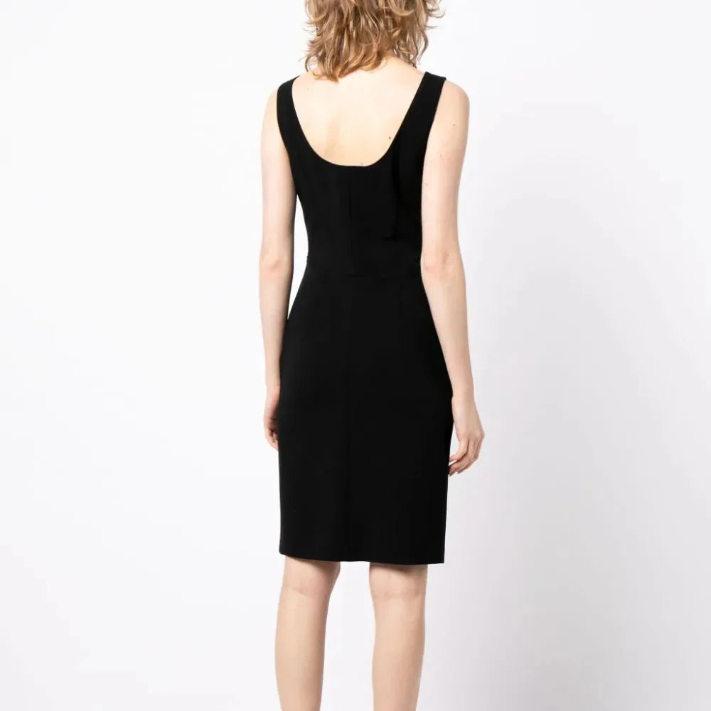 Prada scoop back sleeveless dress with fitted bodice and flowing skirt, stylish and elegant women's fashion dress.