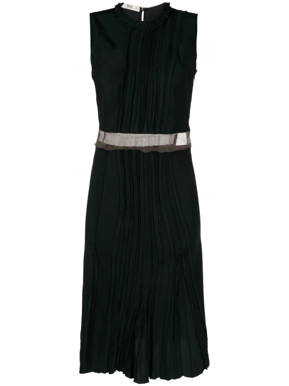 Prada pleated sleeveless silk dress with a fitted bodice and flowing skirt, shown in a elegant front view.