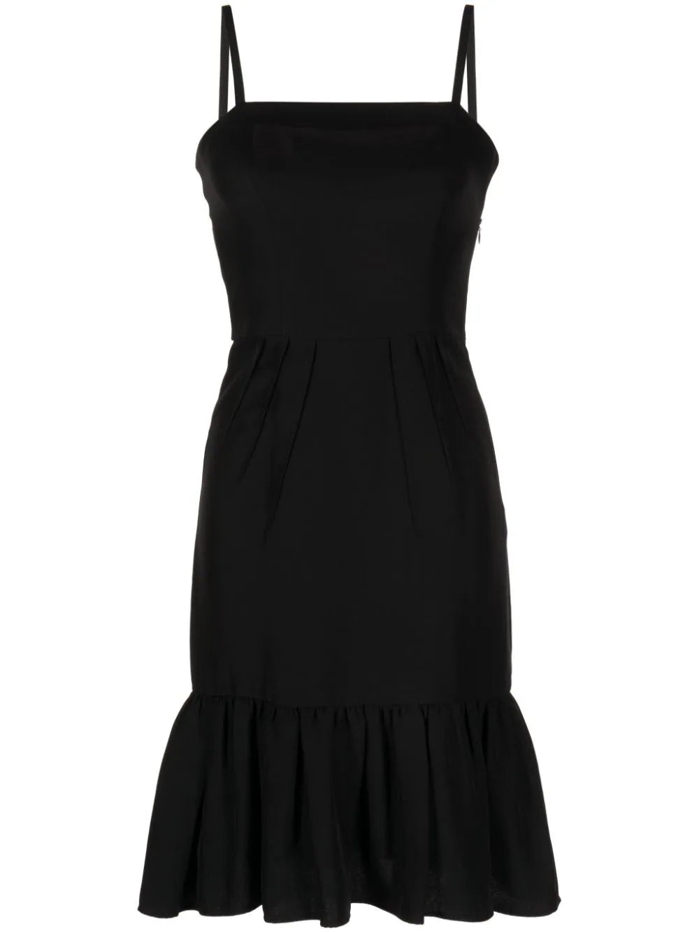 Prada ruffle hem crepe dress with flowing fabric and elegant design, showcasing a stylish women's dress on a white background.