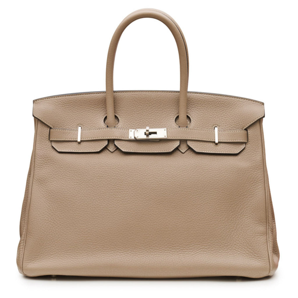 Hermès Birkin 35 Etoupe Togo leather top handle bag with gold hardware, showcasing its elegant design and luxurious craftsmanship.