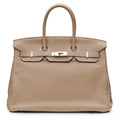 Hermès Birkin 35 Etoupe Togo leather top handle bag with gold hardware, showcasing its elegant design and luxurious craftsmanship.