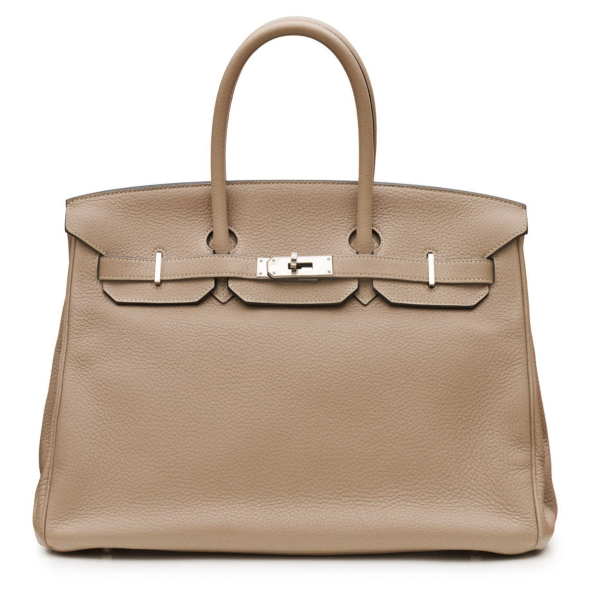 Hermès Birkin 35 Etoupe Togo leather top handle bag with gold hardware, showcasing its elegant design and luxurious craftsmanship.