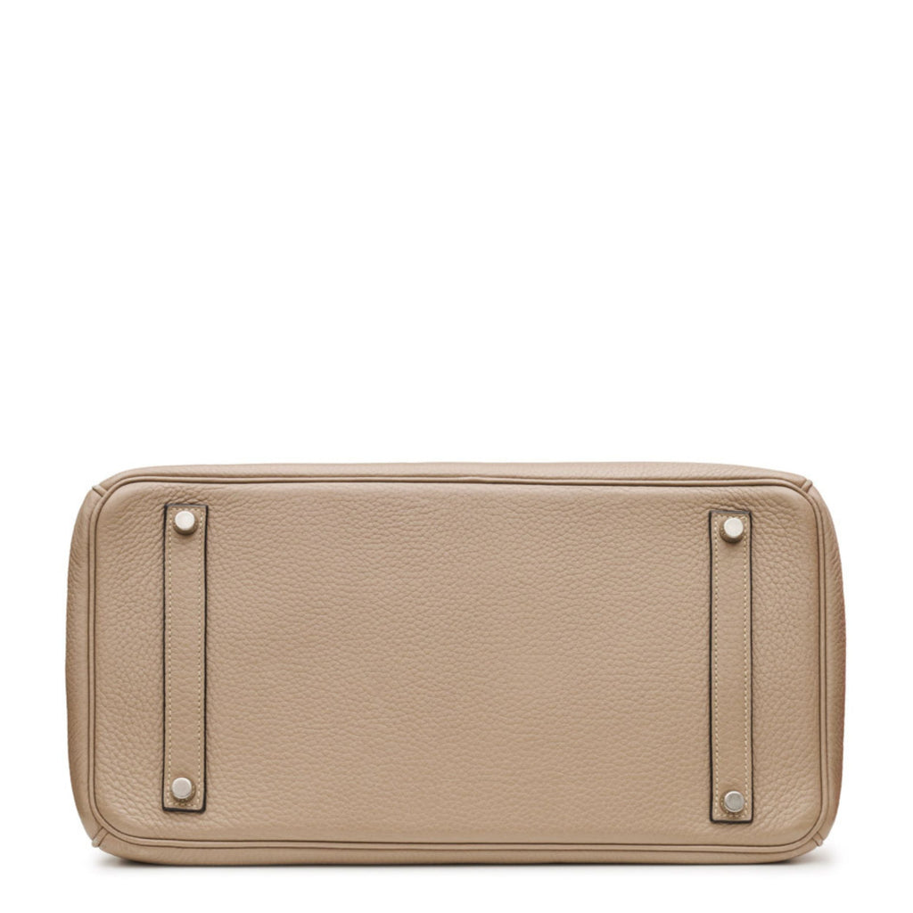 Hermès Birkin 35 Etoupe Togo leather top handle bag with gold hardware, showcasing its structured design and elegant craftsmanship.