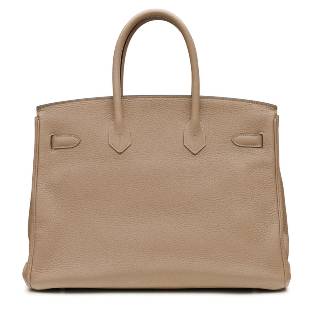Hermès Birkin 35 Etoupe Togo leather top handle bag with gold hardware, featuring structured design and dual top handles.