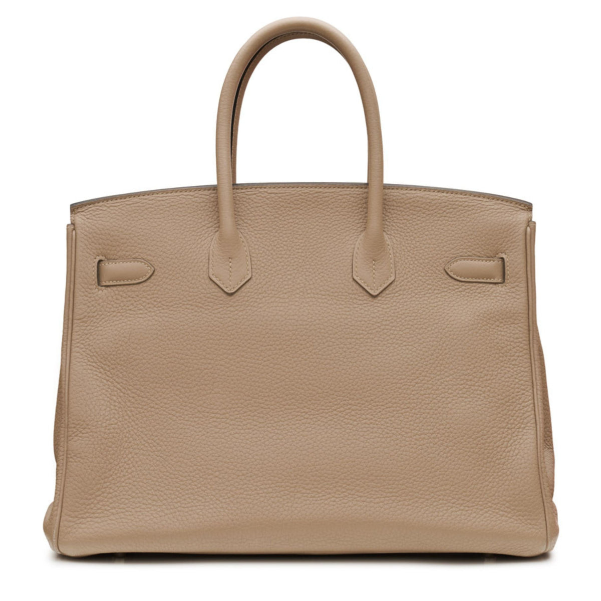 Hermès Birkin 35 Etoupe Togo leather top handle bag with gold hardware, featuring structured design and dual top handles.