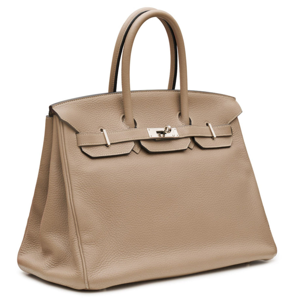 Hermès Birkin 35 Etoupe Togo leather top handle bag with gold hardware, showcasing its elegant design and craftsmanship.