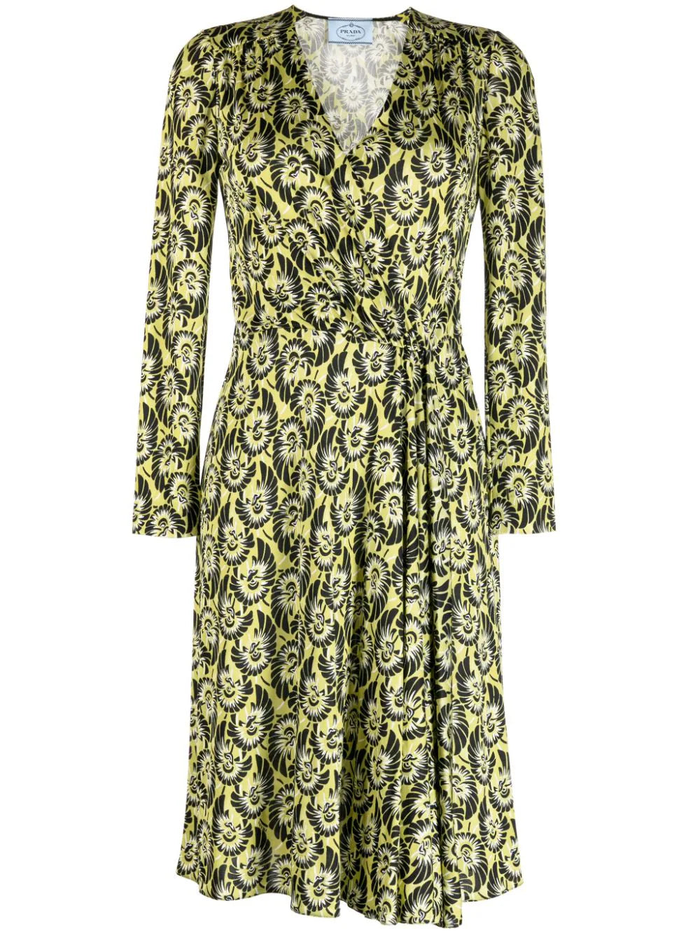 Prada abstract print silk wrap dress featuring vibrant patterns and elegant design, perfect for stylish occasions.