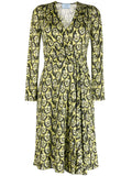 Prada abstract print silk wrap dress featuring vibrant patterns and elegant design, perfect for stylish occasions.