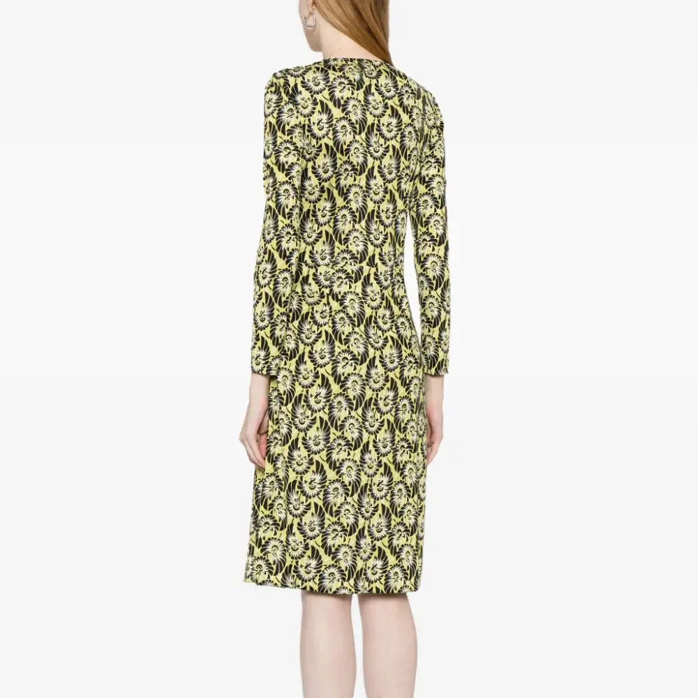 Prada abstract print silk wrap dress with flowing fabric and vibrant design, perfect for elegant occasions.