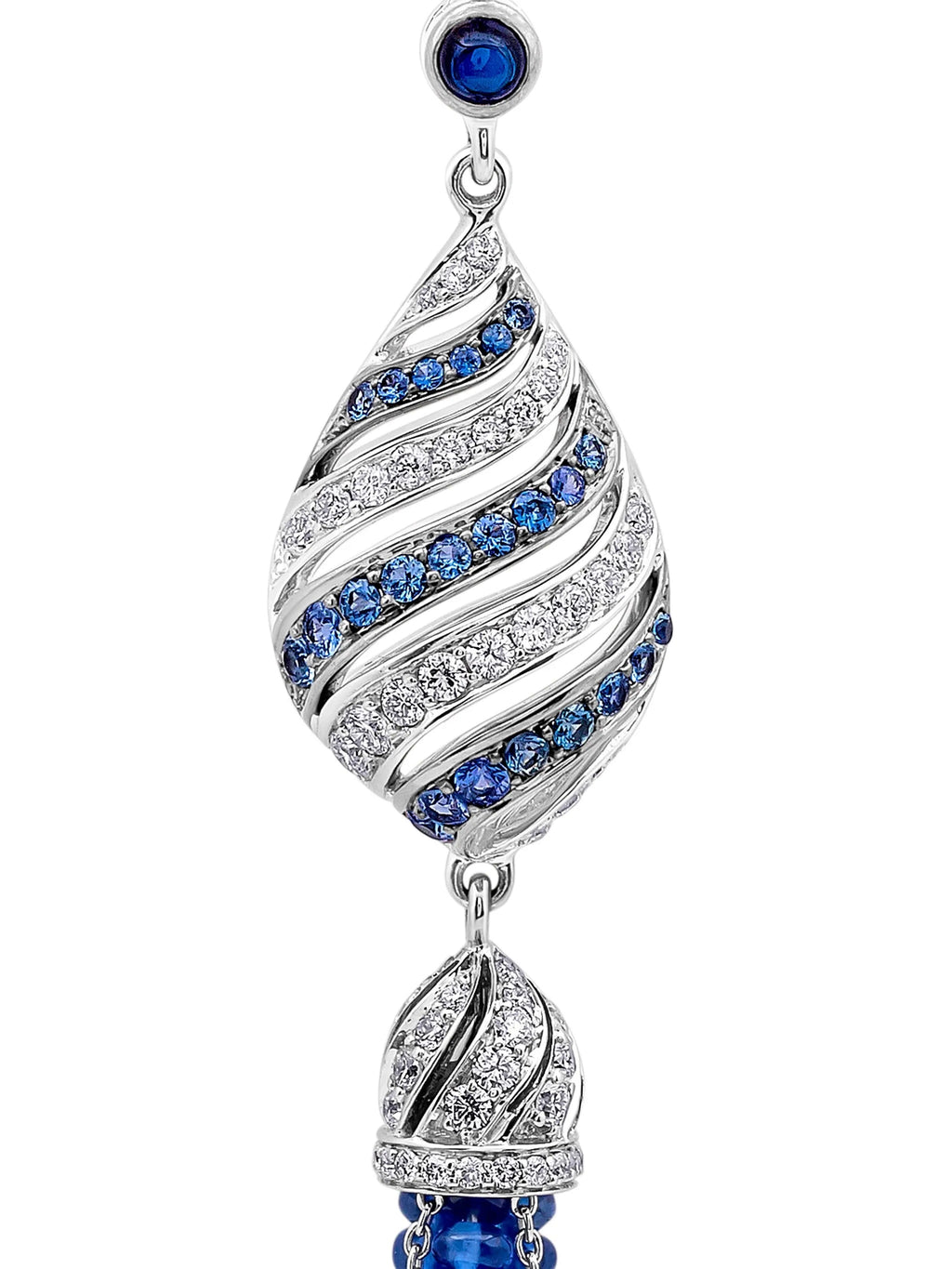 Gilan Blue Sapphire Drop Earrings featuring sparkling blue sapphires and elegant silver hooks on a white background.