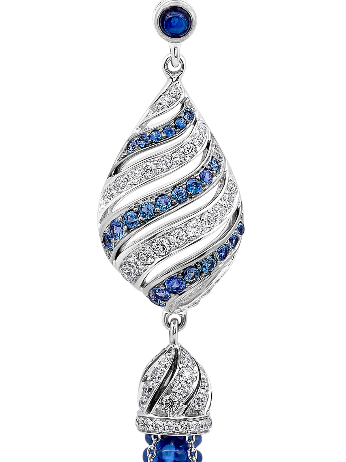 Gilan Blue Sapphire Drop Earrings featuring sparkling blue sapphires and elegant silver hooks on a white background.