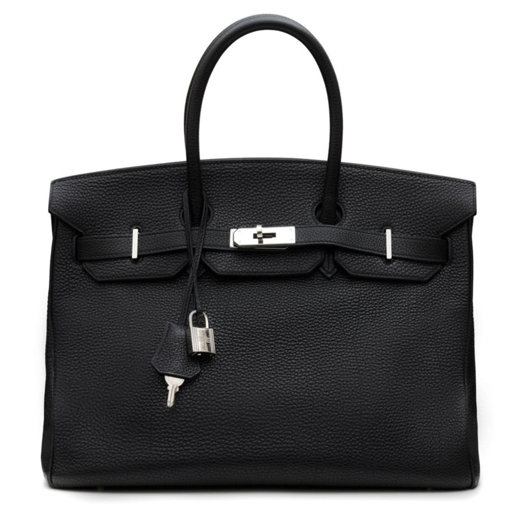 Hermès Birkin 35 Top Handle Bag in black Clemence leather with gold hardware, showcasing its elegant design and structured silhouette.