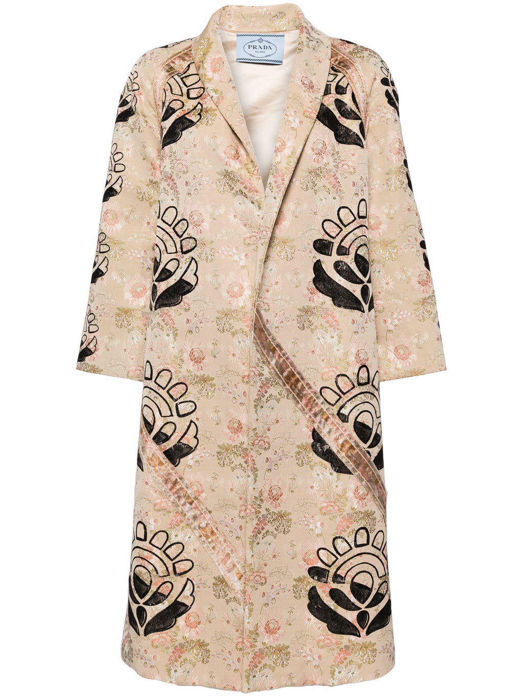 Prada embroidered floral coat displayed on a hanger, featuring vibrant floral embroidery on a stylish coat.