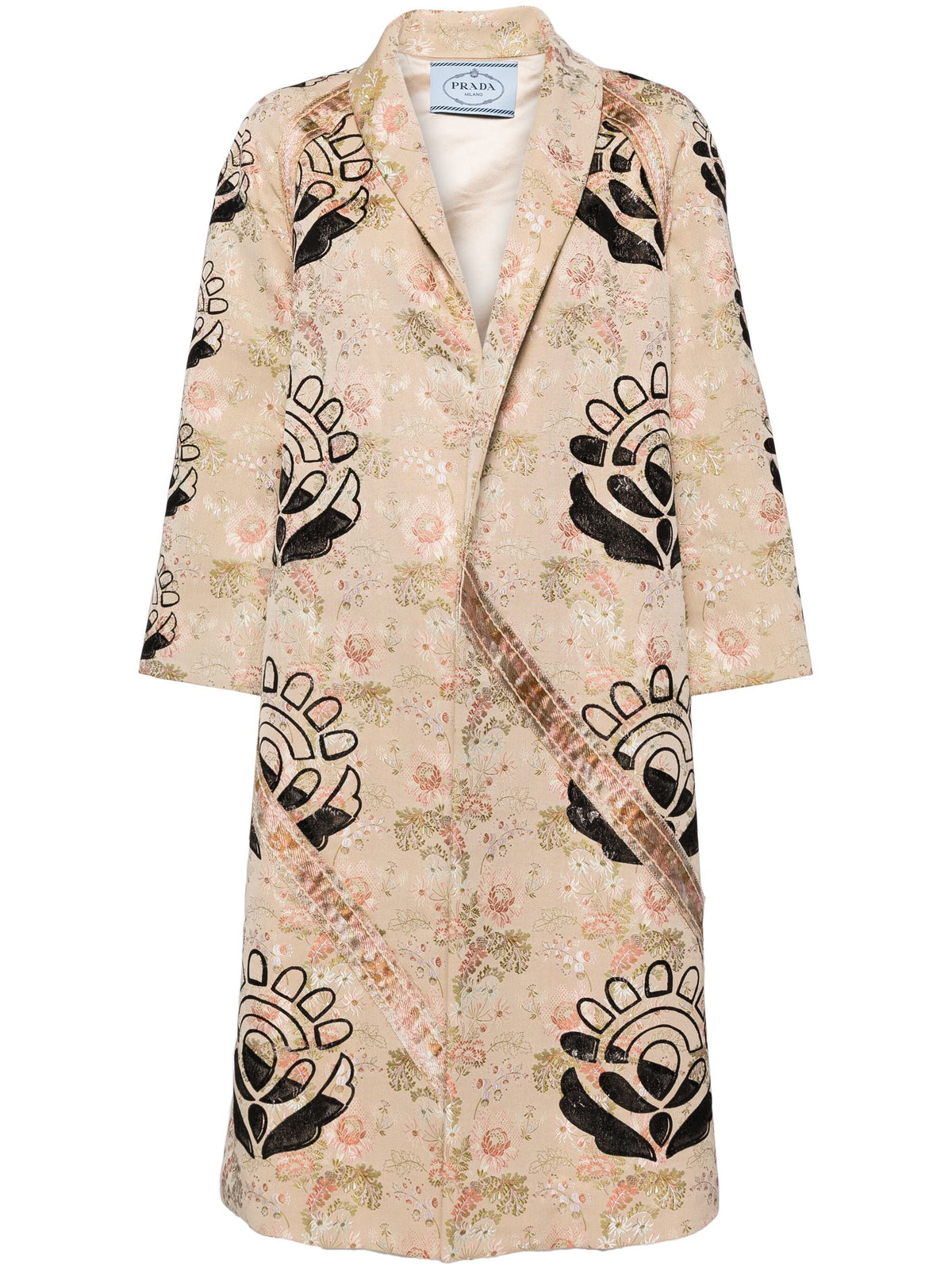 Prada embroidered floral coat displayed on a hanger, featuring vibrant floral embroidery on a stylish coat.