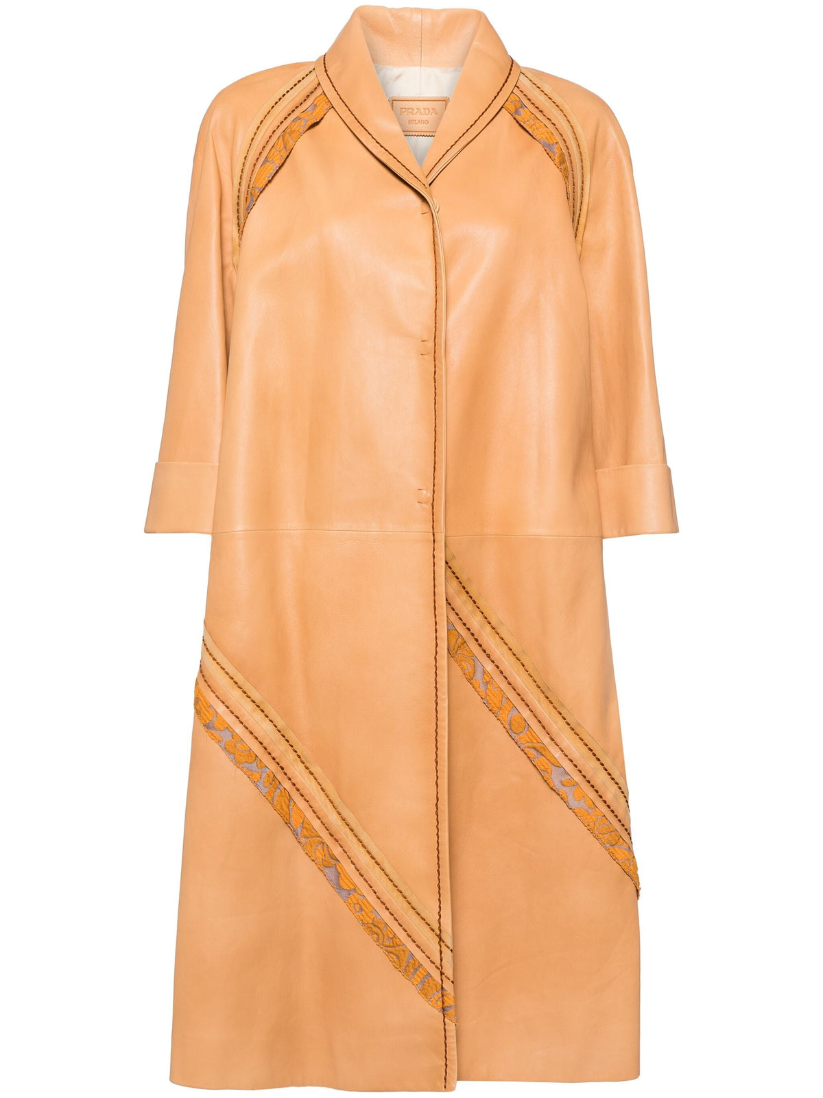 Prada leather camel coat hanging on a rack, showcasing its smooth texture and classic design.
