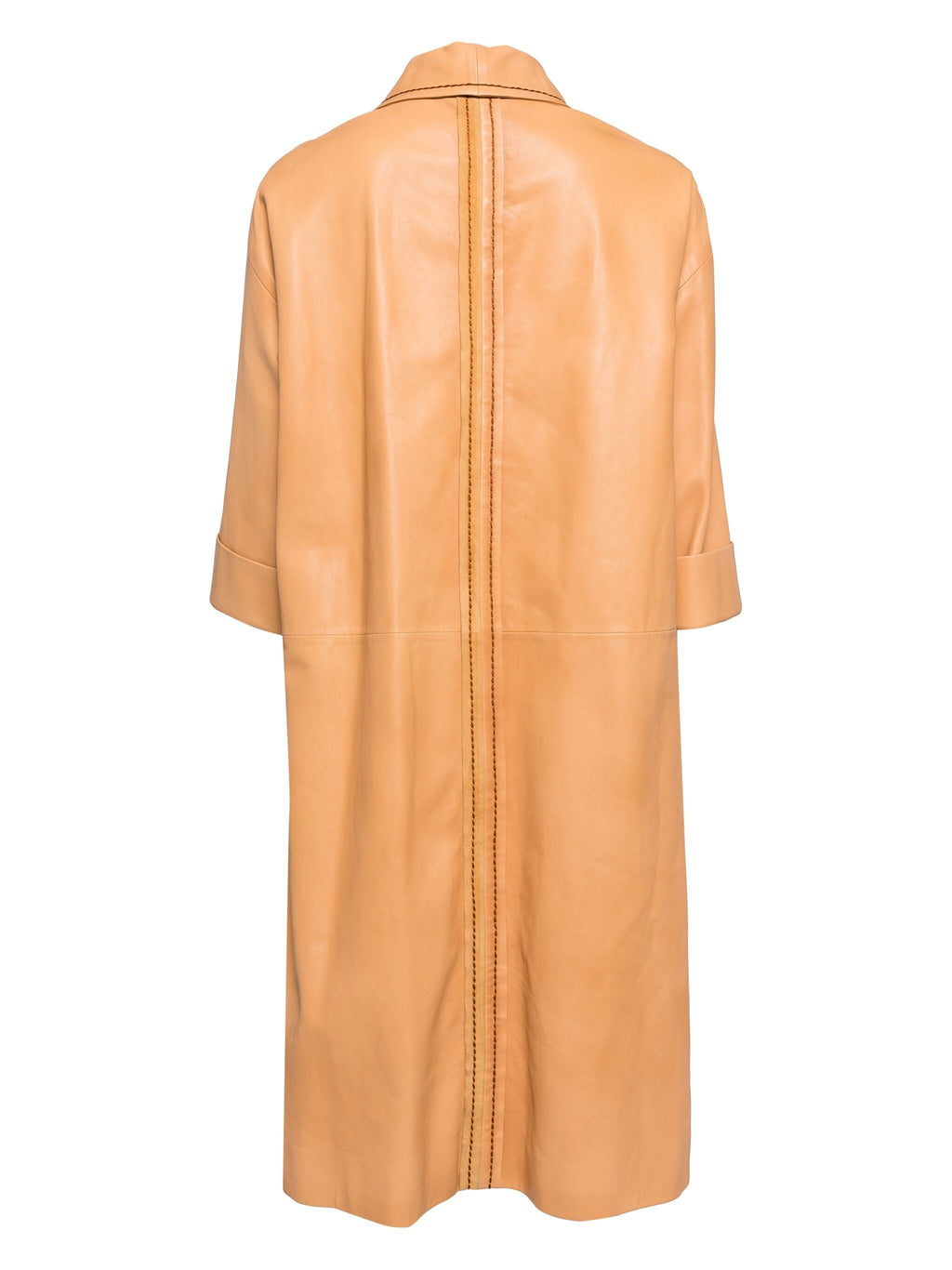 Prada leather camel coat draped on a mannequin, showcasing sleek design and high-quality material in neutral tones.