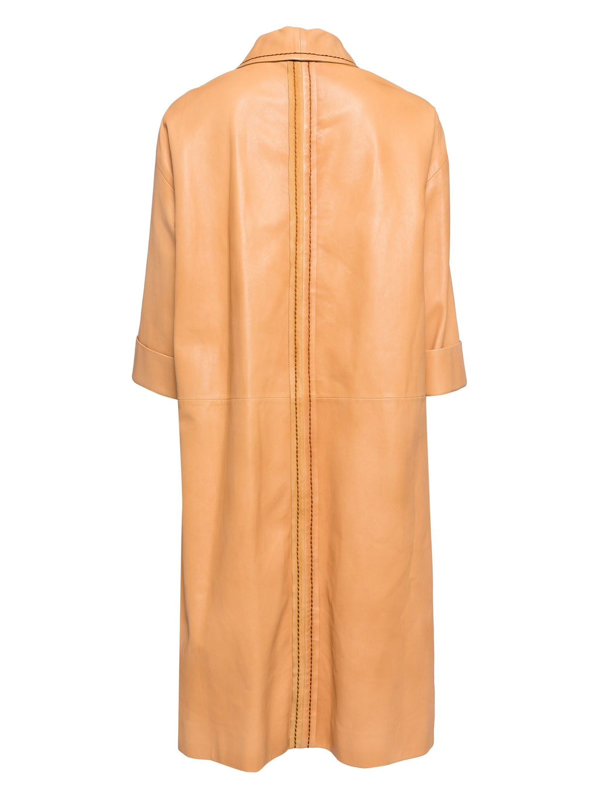 Prada leather camel coat draped on a mannequin, showcasing sleek design and high-quality material in neutral tones.