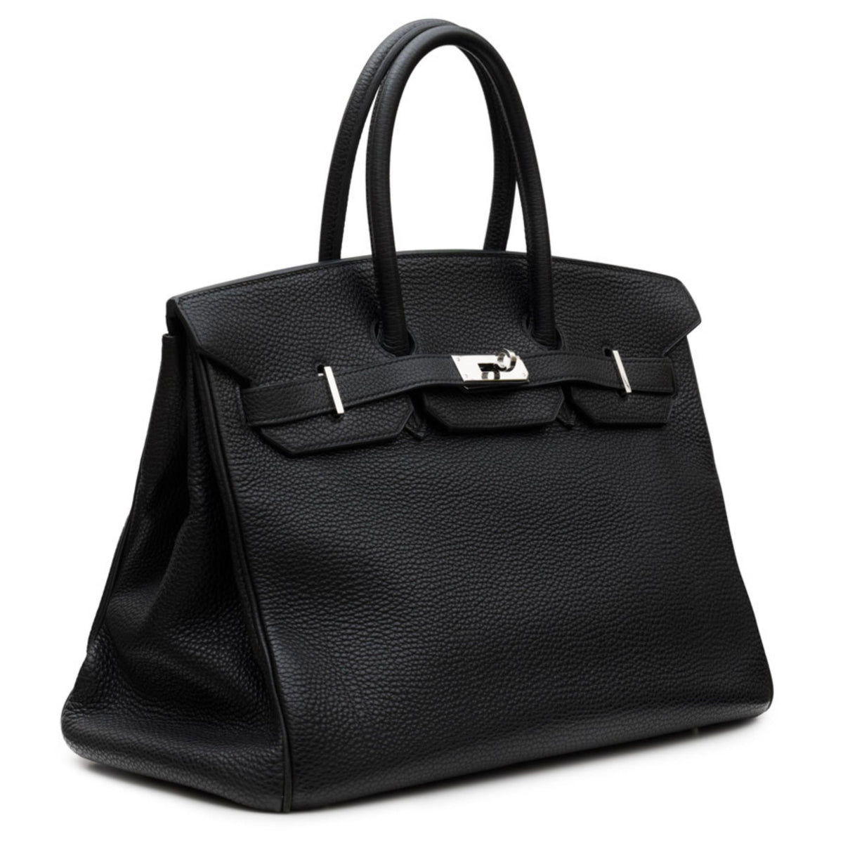 Hermès Birkin 35 Black Clemence leather top handle bag with gold hardware, showcasing its luxurious design and sturdy structure.