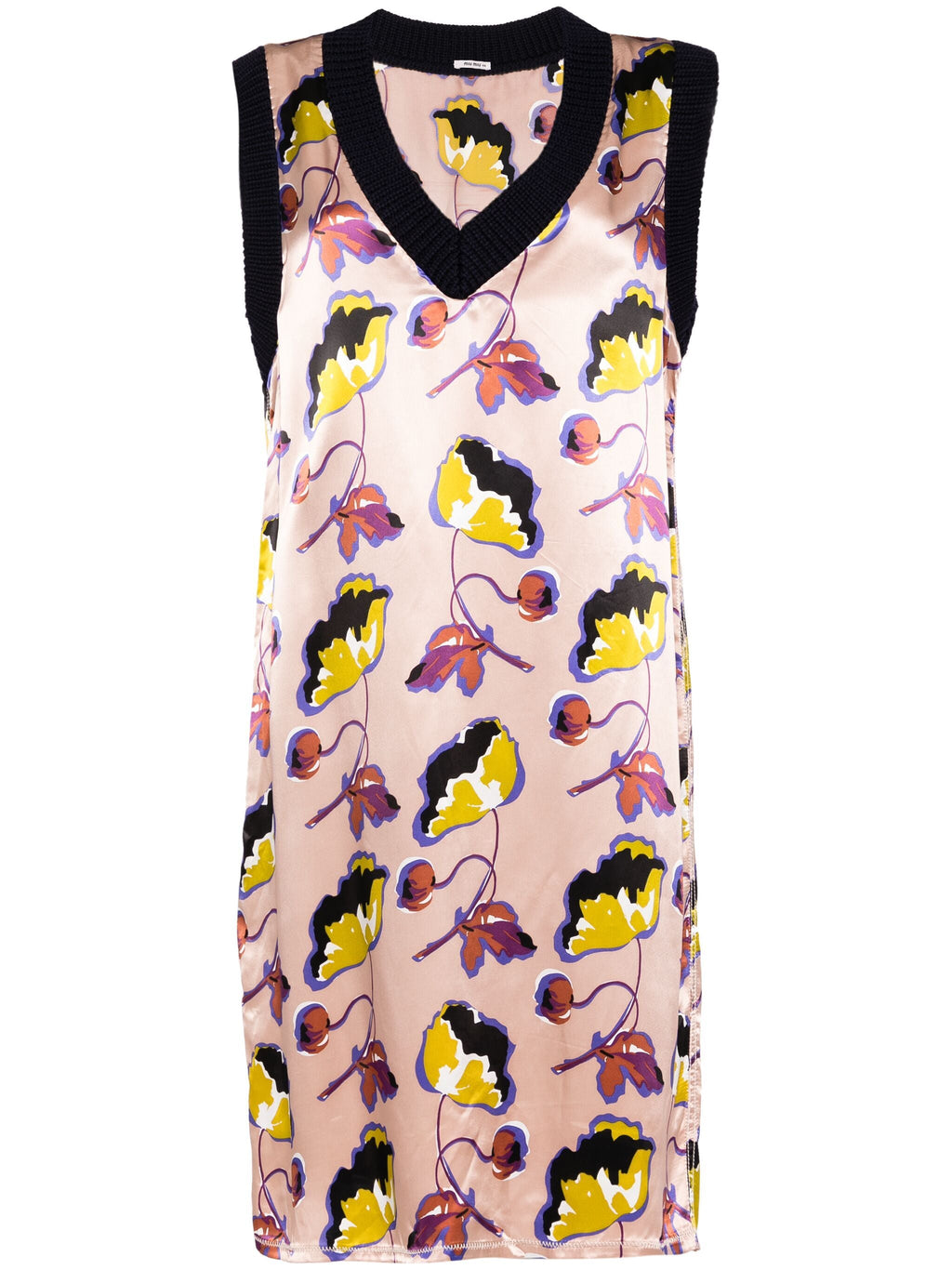 Miu Miu sleeveless floral dress with vibrant patterns, lightweight fabric, and a stylish summer design.