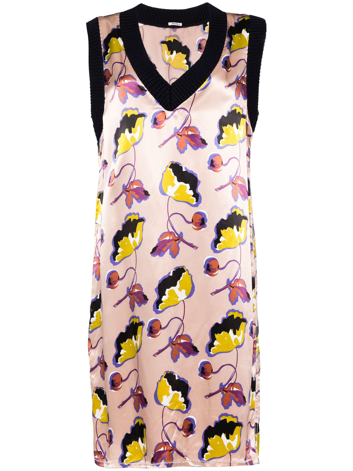 Miu Miu sleeveless floral dress with vibrant patterns, lightweight fabric, and a stylish summer design.