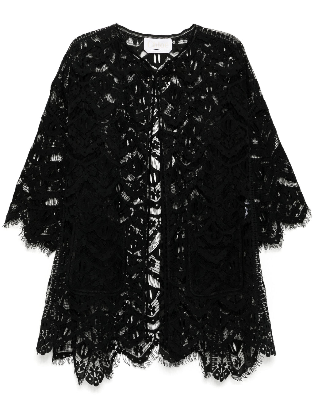 Chloé black lace kimono styled as a blazer or jacket with delicate lace details and a relaxed fit.