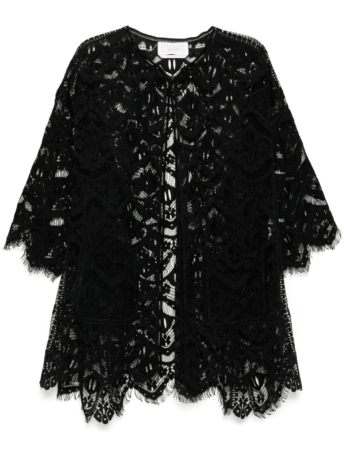 Chloé black lace kimono styled as a blazer or jacket with delicate lace details and a relaxed fit.