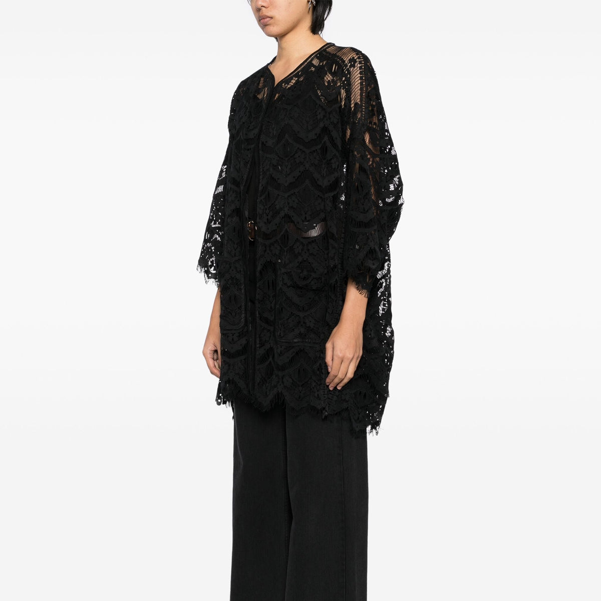 Chloé black lace kimono blazer with delicate floral lace details and flowing fit, stylish and elegant for layered fashion.